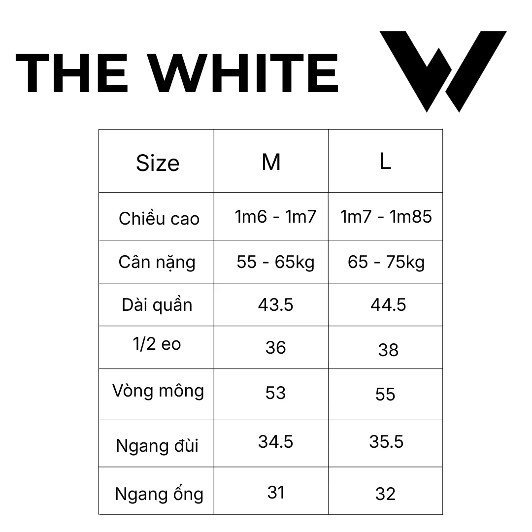 Bảng size Quần Short Nam Running Túi Sau The White Series 03
